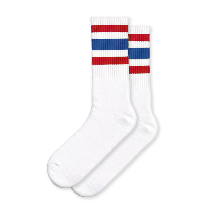 Extra Point Three Stripe Socks: White w/ blue & red stripes