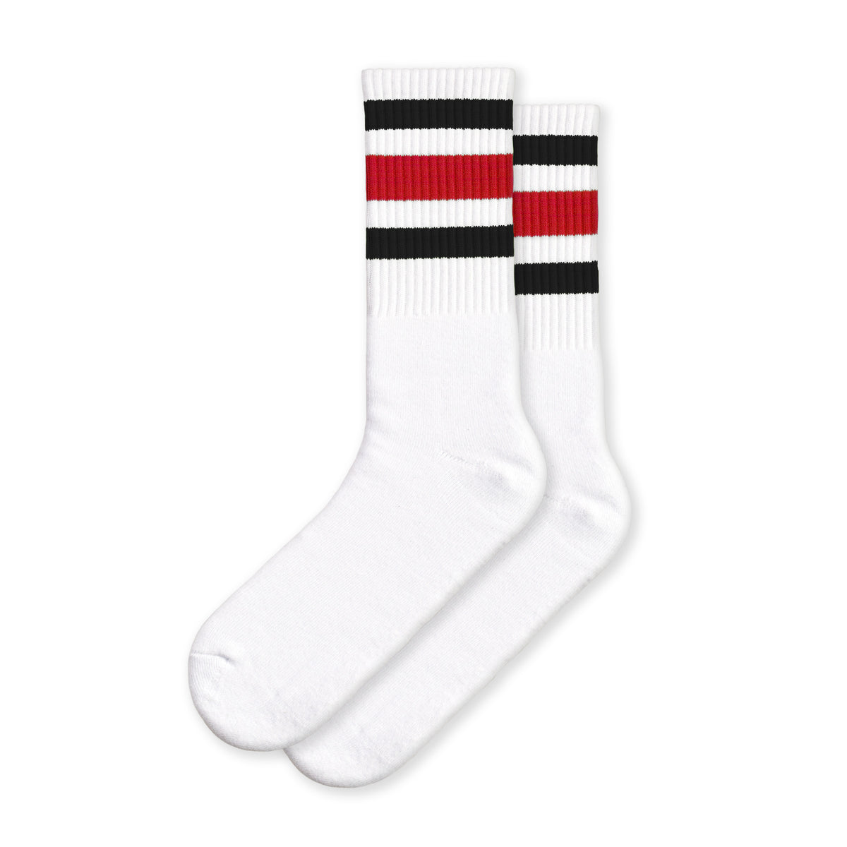 Extra Point Three Stripe Socks: White w/ black & red stripes