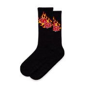 A pair of black socks with a flaming dice design.